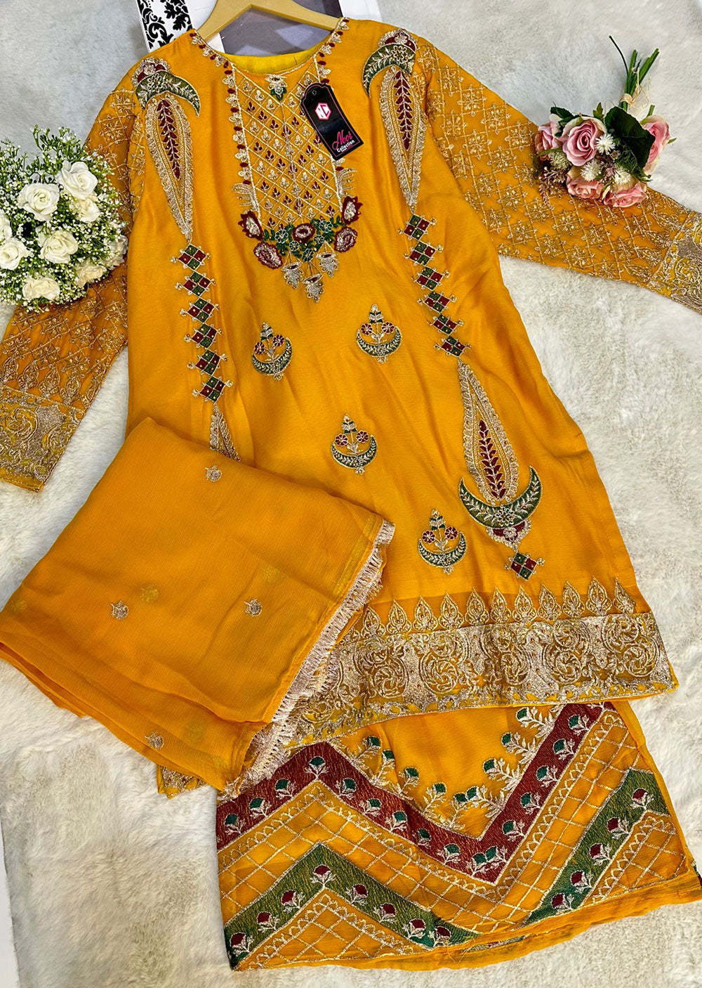 RGZ1015 Mustard Readymade Chiffon Suit – Memsaab