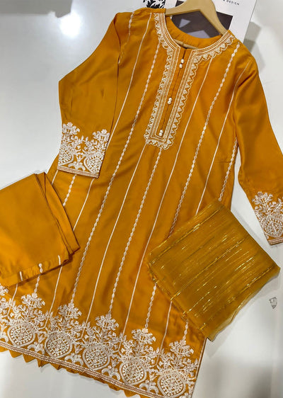 UMR101 Yellow Embroidered Linen Suit - Memsaab Online