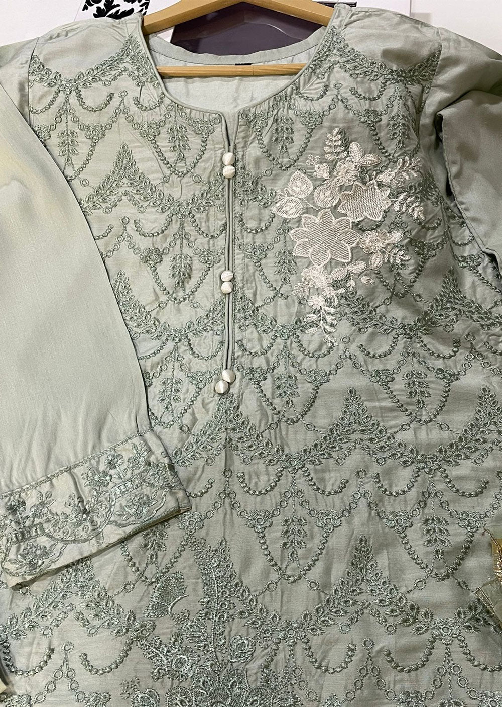 UMR102 Mint Embroidered Linen Suit - Memsaab Online