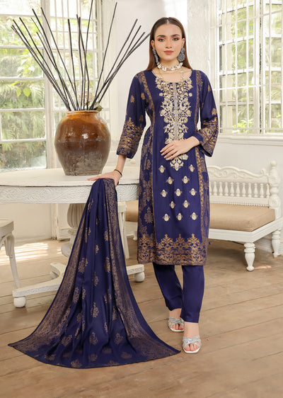 AMT5110 - Navy Readymade Linen Shawl Suit - Memsaab Online