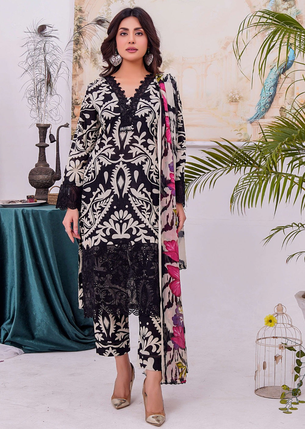 MDNA-07 - Black Embroidered Lawn Outfit - Memsaab Online