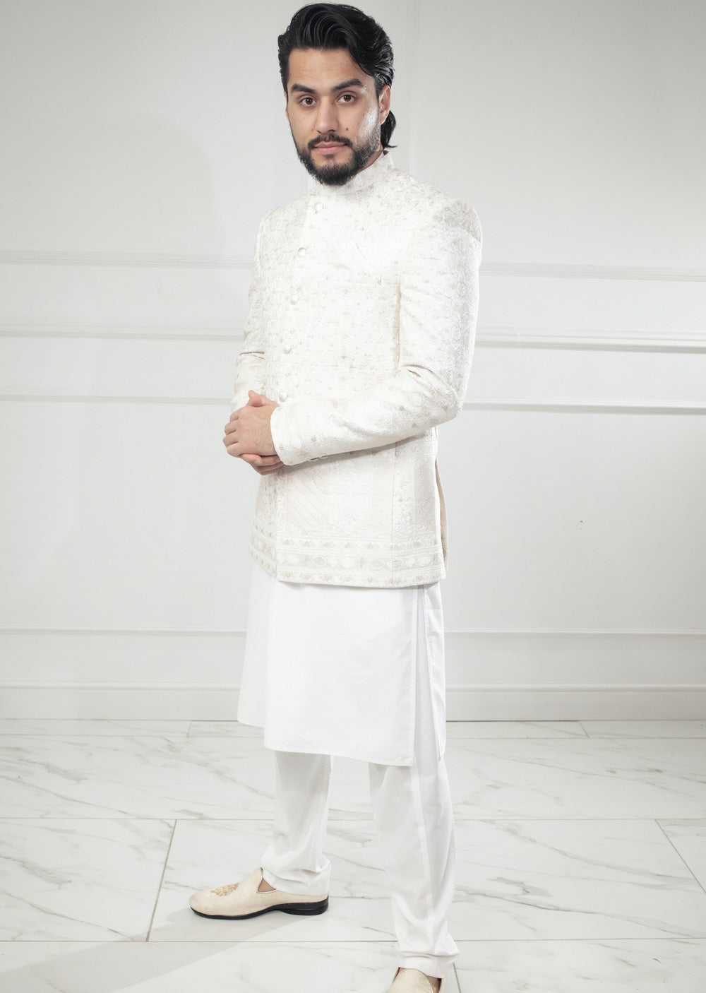 PC-703 - White Mens Embroidered Prince Coat - Memsaab Online