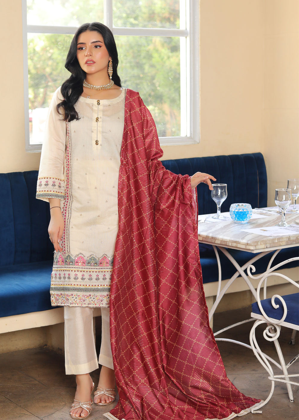 KLD301 Zimal - Cream Readymade Khadi Net Suit - Memsaab Online