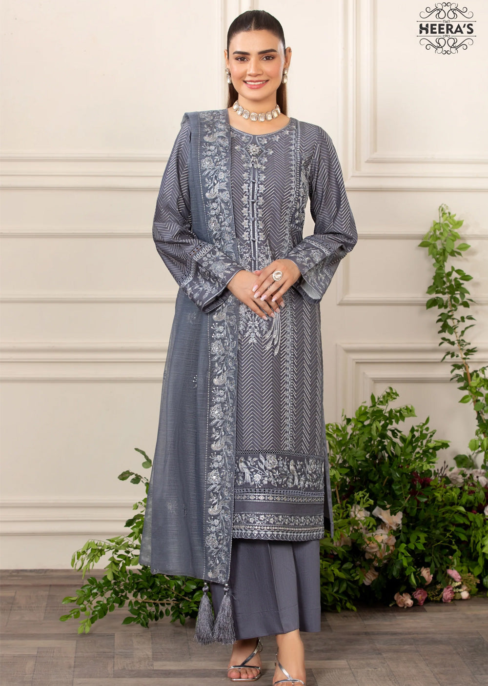 HSS-169 - Readymade - Elegants Grey KH Embroidered suit by Heeras - Memsaab Online