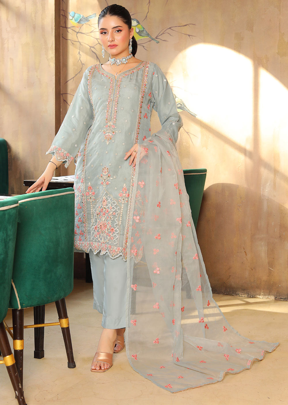 KLD321 Leem - Grey Readymade Organza Suit - Memsaab Online