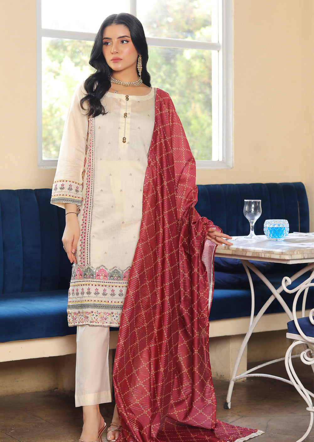 KLD301 Zimal - Cream Readymade Khadi Net Suit - Memsaab Online