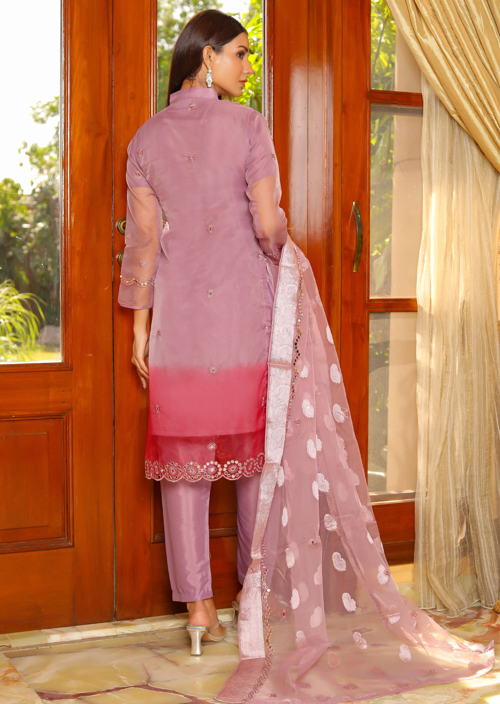 HK220 Angela - Lilac Readymade Organza Suit - Memsaab Online