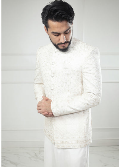 PC-703 - White Mens Embroidered Prince Coat - Memsaab Online