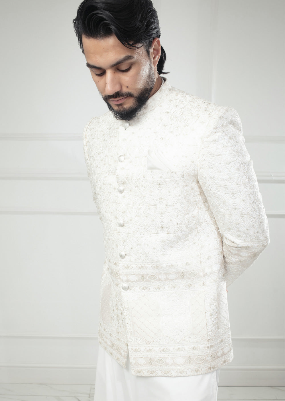 PC-703 - White Mens Embroidered Prince Coat - Memsaab Online