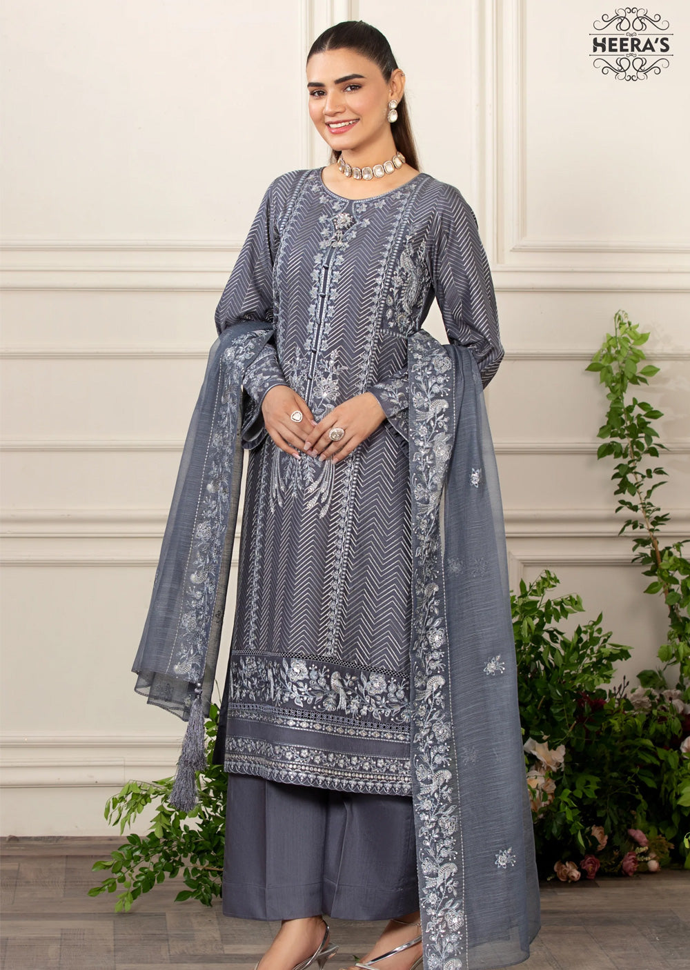 HSS-169 - Readymade - Elegants Grey KH Embroidered suit by Heeras - Memsaab Online