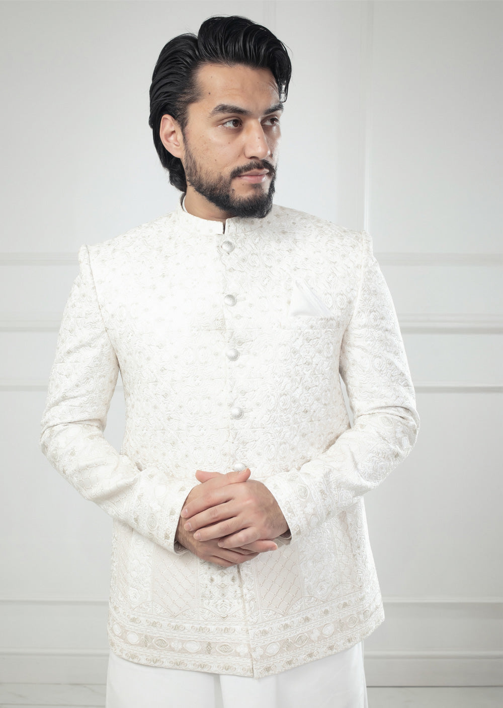 PC-703 - White Mens Embroidered Prince Coat - Memsaab Online