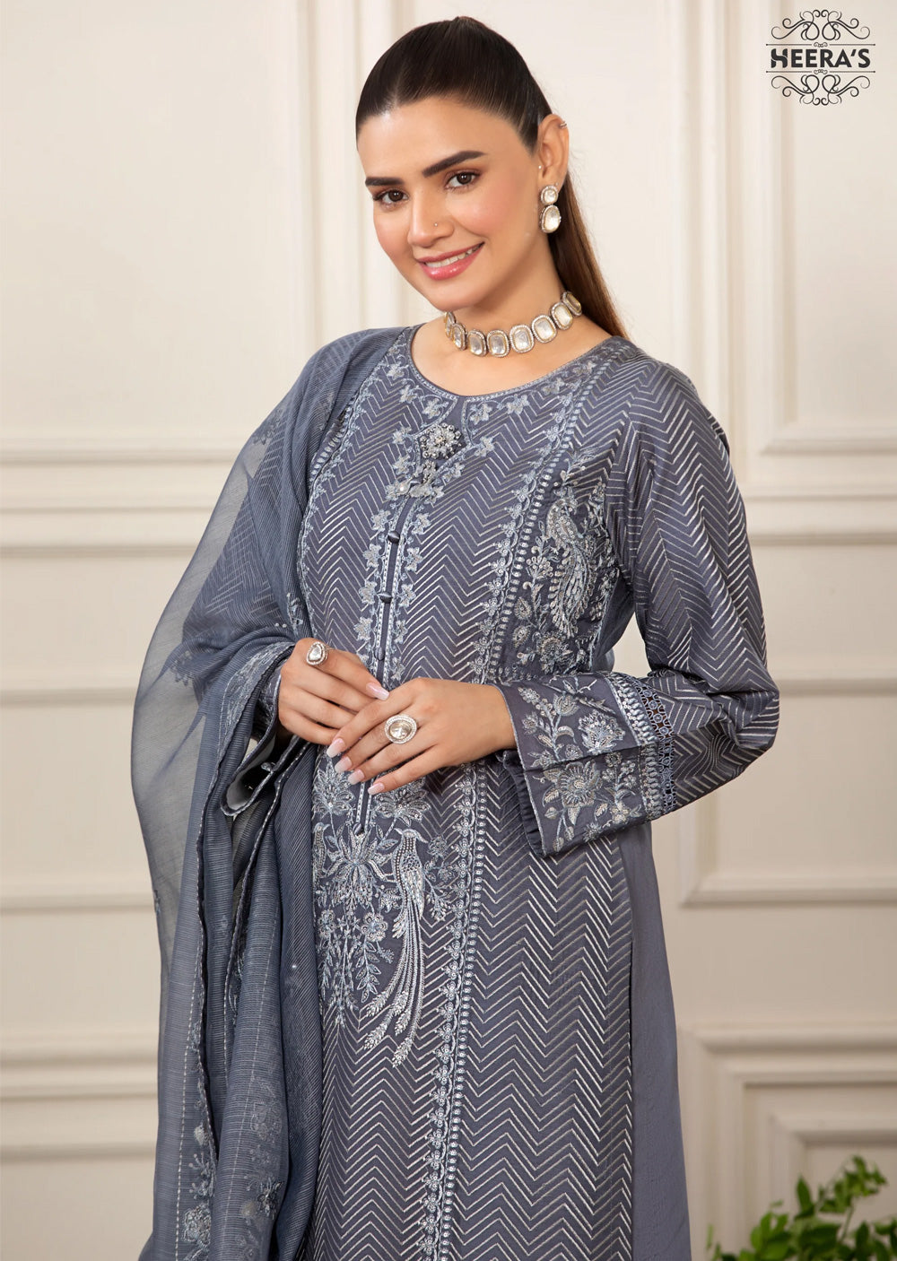 HSS-169 - Readymade - Elegants Grey KH Embroidered suit by Heeras - Memsaab Online