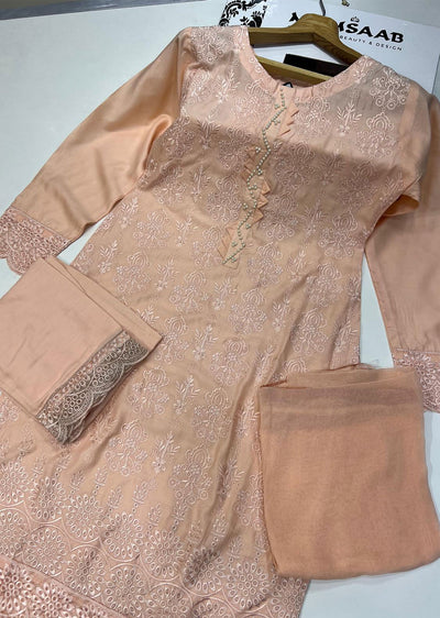 BP1109 Peach Readymade Mother Daughter Linen Suit - Memsaab Online