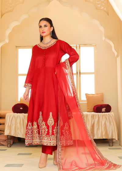 KLD318 / KLD1037 Iman - Red Readymade Khadi Net Suit - Memsaab Online