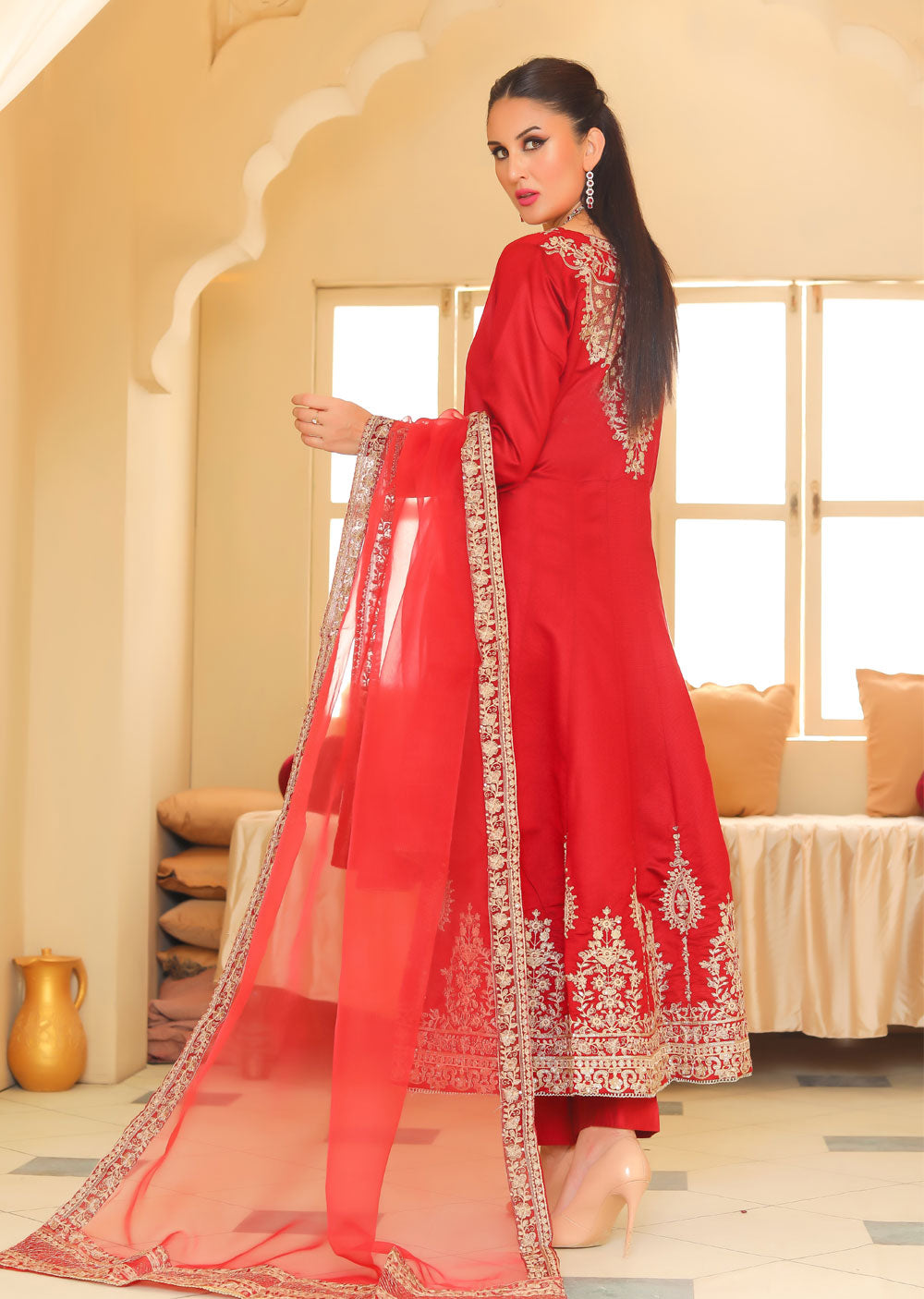 KLD318 / KLD1037 Iman - Red Readymade Khadi Net Suit - Memsaab Online