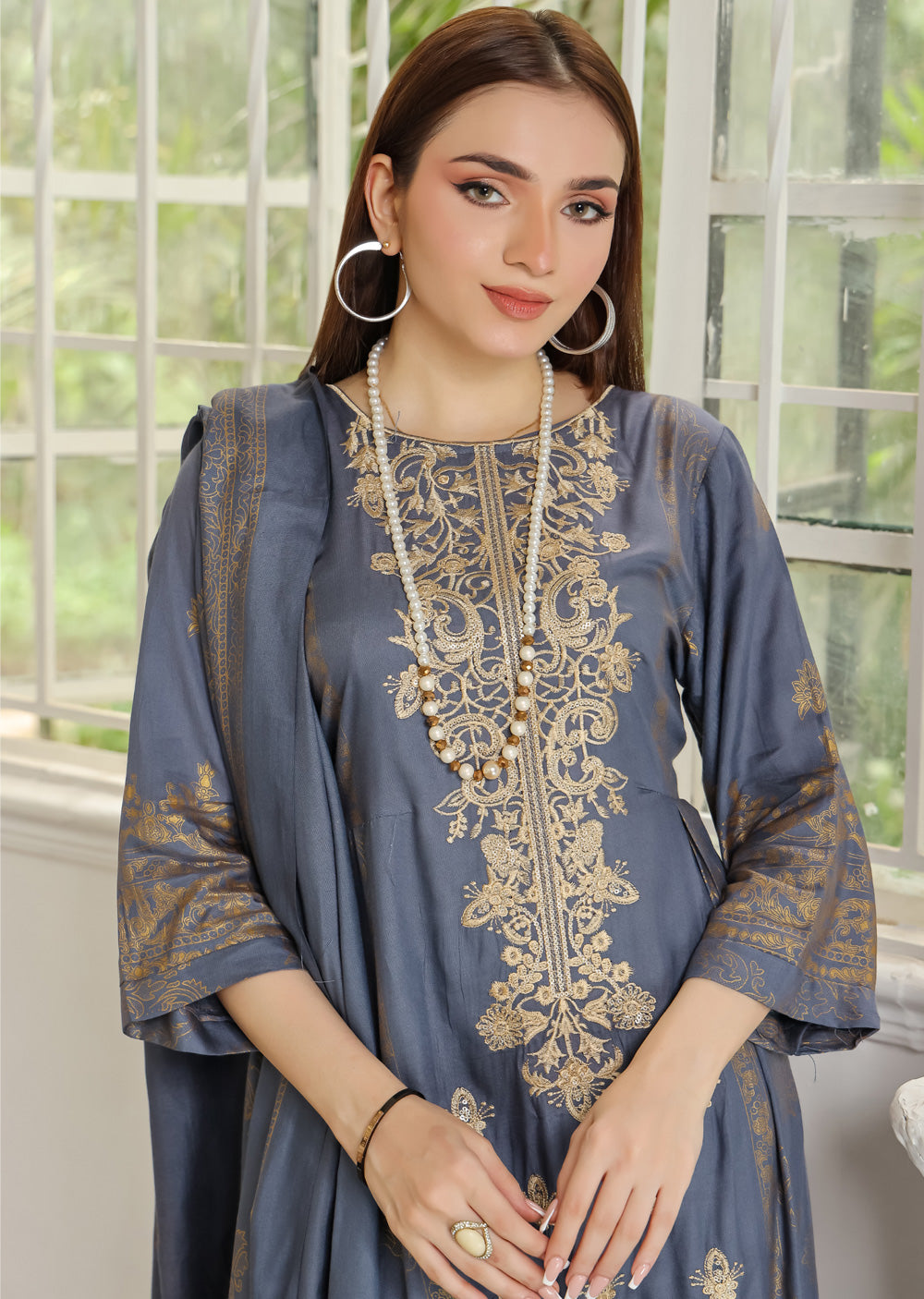 AMT5111 - Grey Readymade Linen Shawl Suit - Memsaab Online