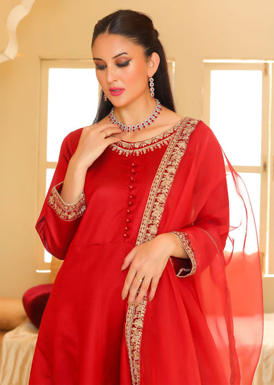 KLD318 / KLD1037 Iman - Red Readymade Khadi Net Suit - Memsaab Online