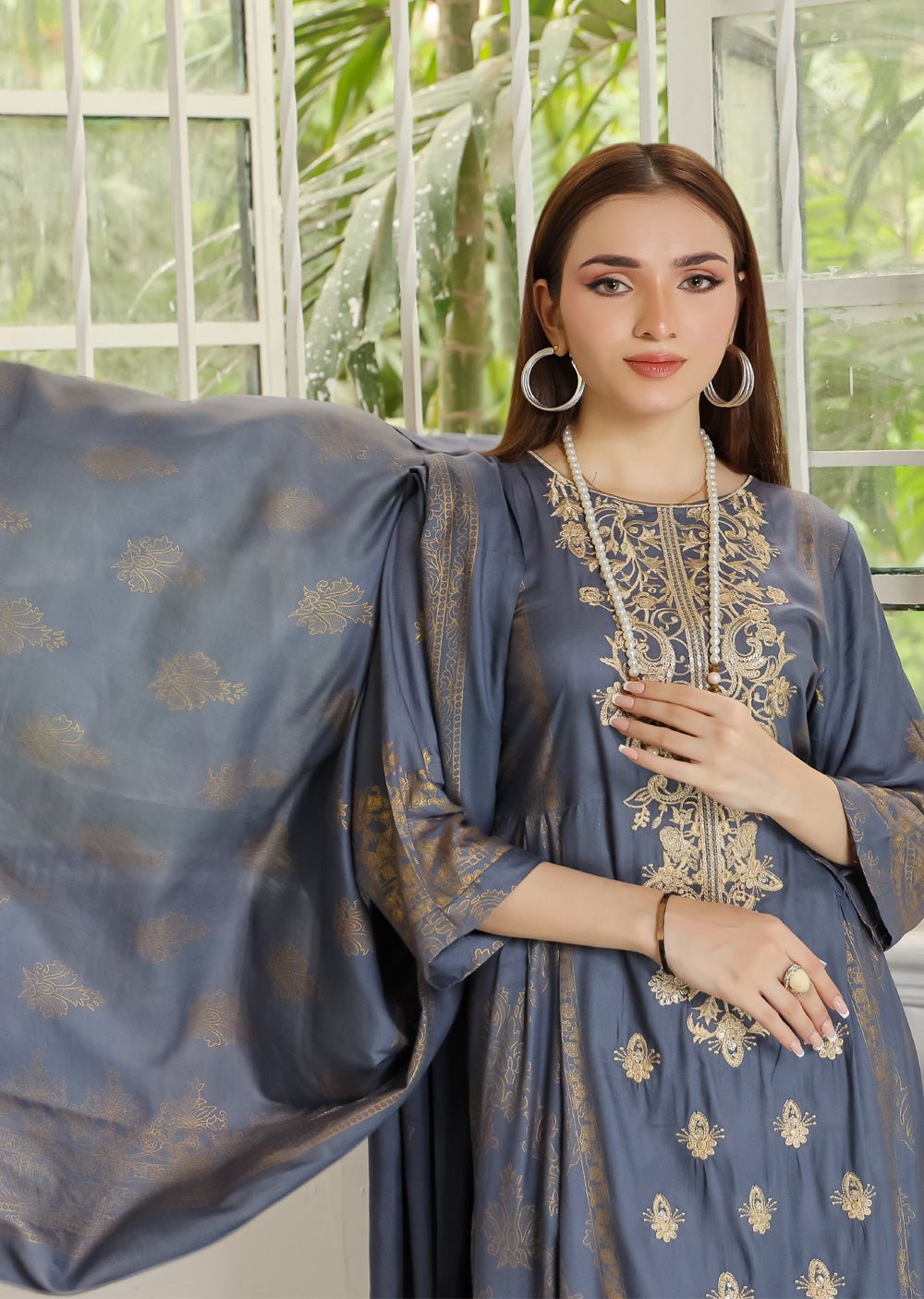 AMT5111 - Grey Readymade Linen Shawl Suit - Memsaab Online