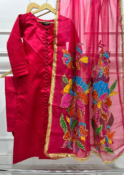 HK275 Rubru - Hot Pink Handpainted Duppatta Suit - Memsaab Online