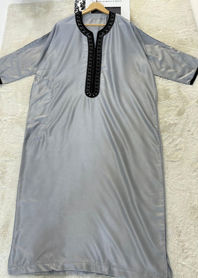 MRC102 Grey/Black Moroccan Embroidered Thobe - Memsaab Online