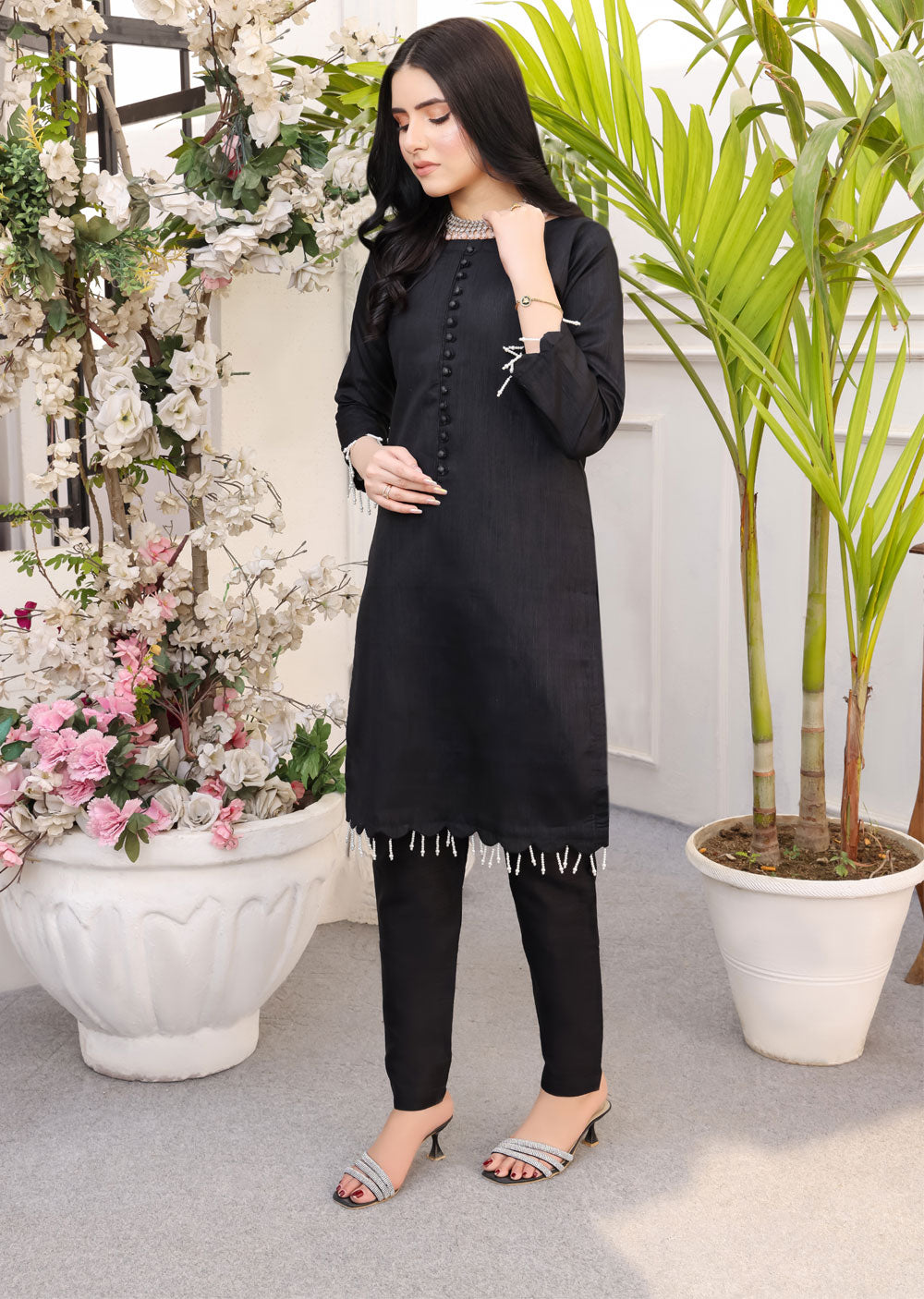 HK233 Saha - Black Readymade Raw Silk Suit - Memsaab Online