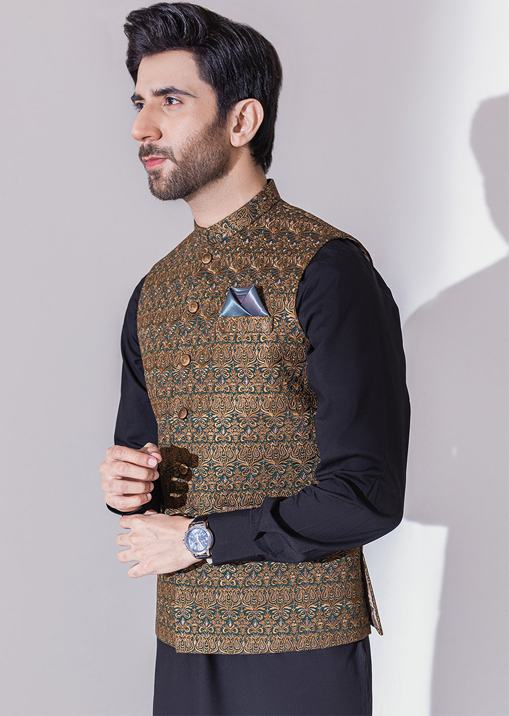 W-1998-B - Green Brown - Mens Maysori Waist Coat 2024 - Memsaab Online