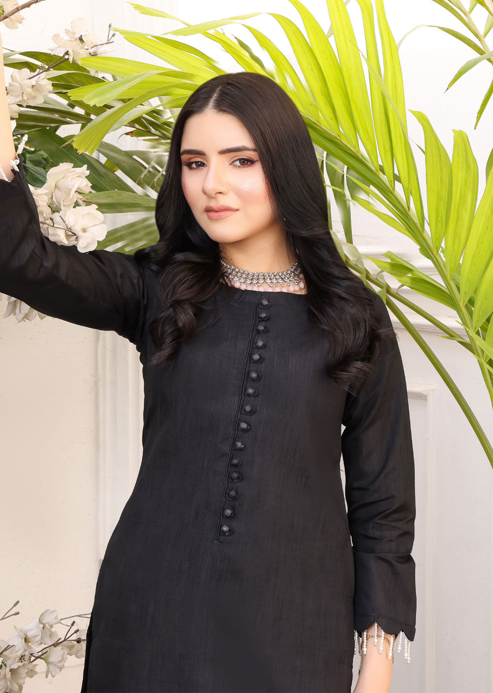 HK233 Saha - Black Readymade Raw Silk Suit - Memsaab Online