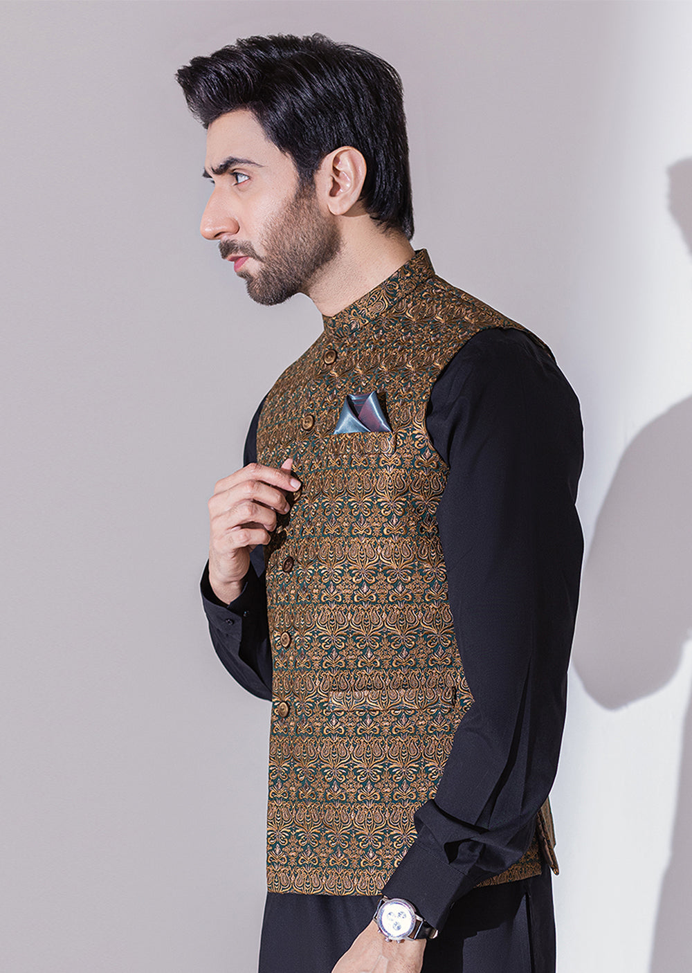 W-1998-B - Green Brown - Mens Maysori Waist Coat 2024 - Memsaab Online