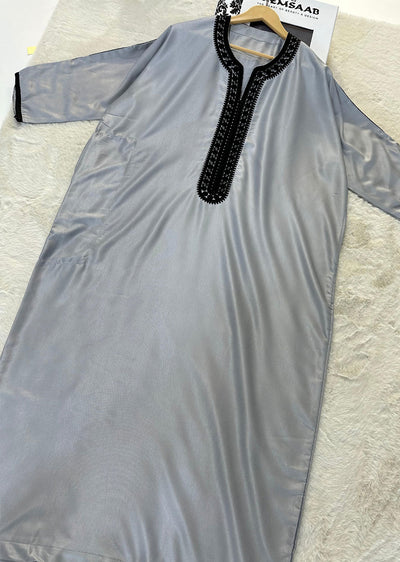 MRC102 Grey/Black Moroccan Embroidered Thobe - Memsaab Online