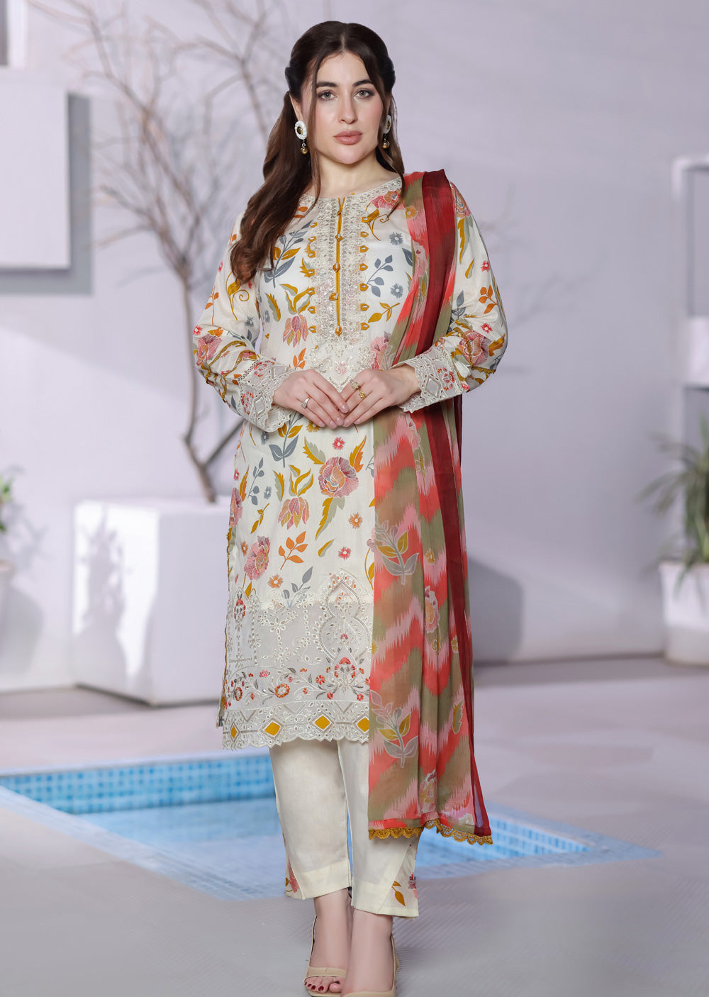 MDNA16 - Skin Gold Embroidered Lawn Outfit - Memsaab Online