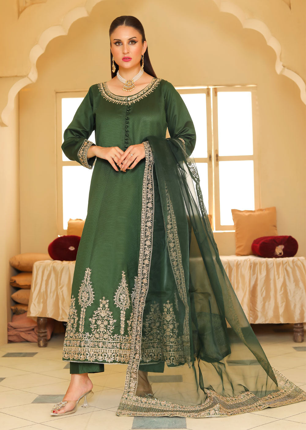 KLD318 / KLD1037 Iman - Green Readymade Khadi Net Suit - Memsaab Online