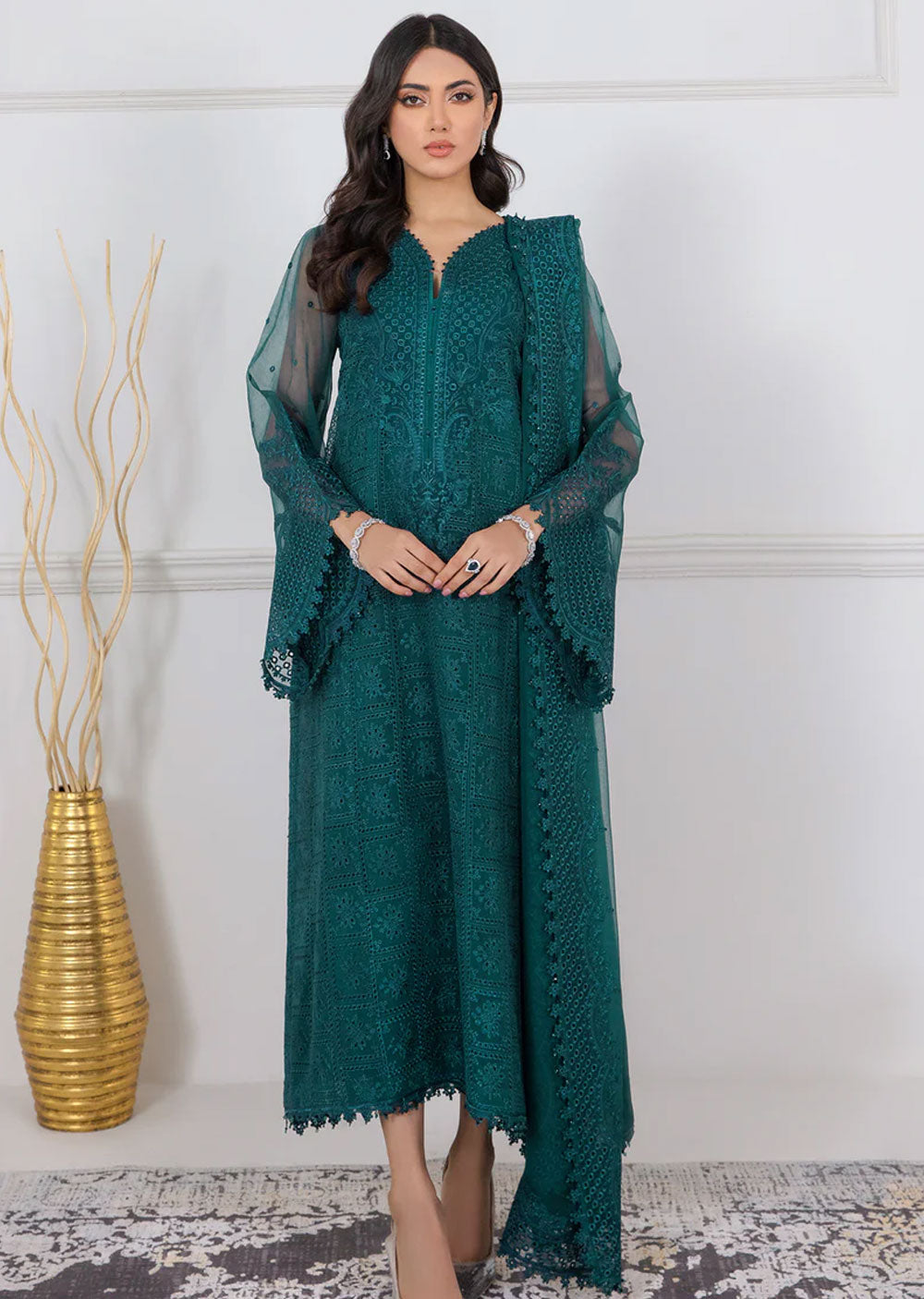 UF-338 - Readymade - Baroque Embroidered Schiffli Chiffon Suit 2024 - Memsaab Online