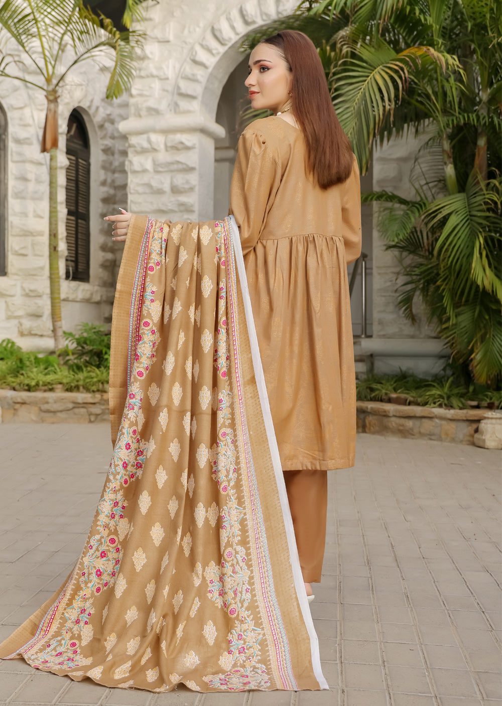 AMT5113 - Brown Readymade Linen Shawl Suit - Memsaab Online