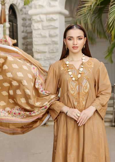 AMT5113 - Brown Readymade Linen Shawl Suit - Memsaab Online