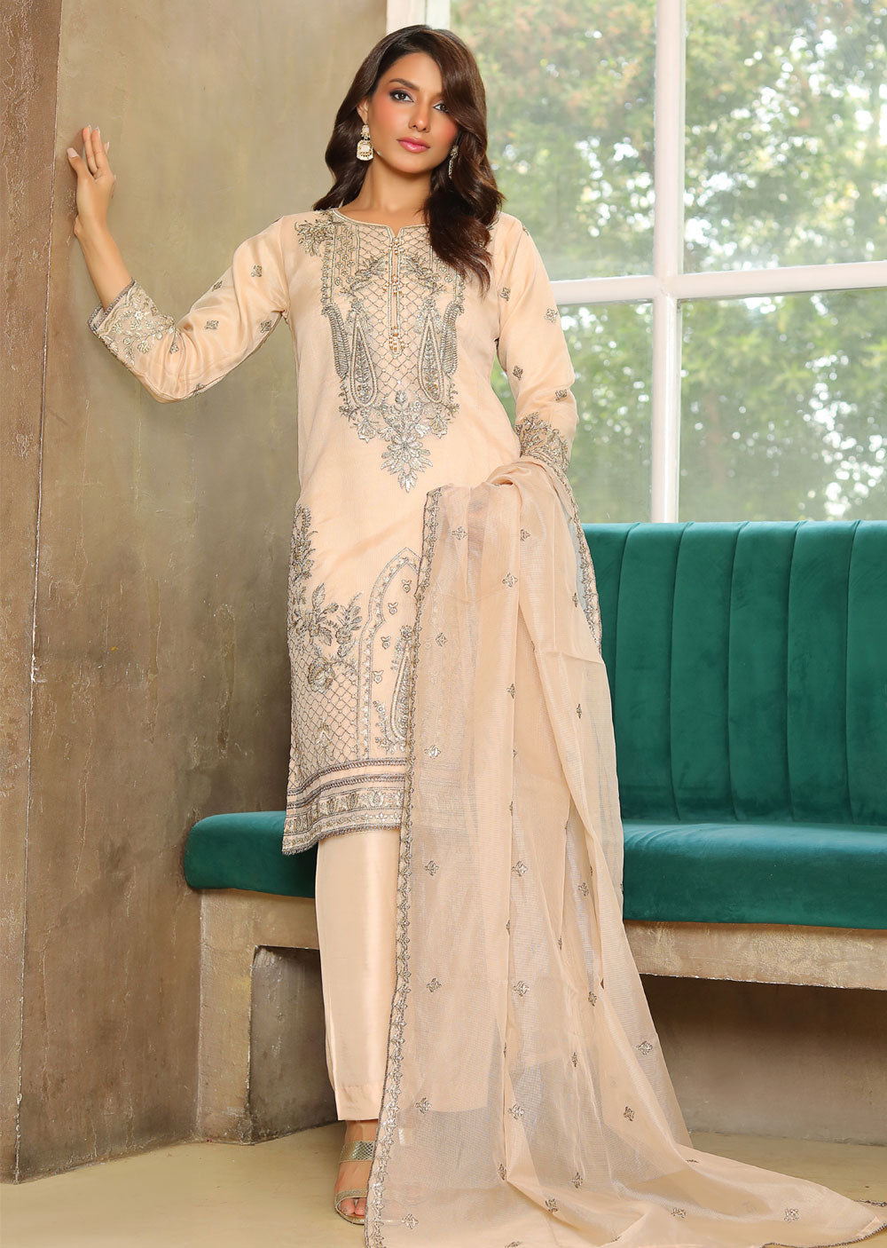 KLD324 Myra - Beige Readymade Cotton net suit - Memsaab Online