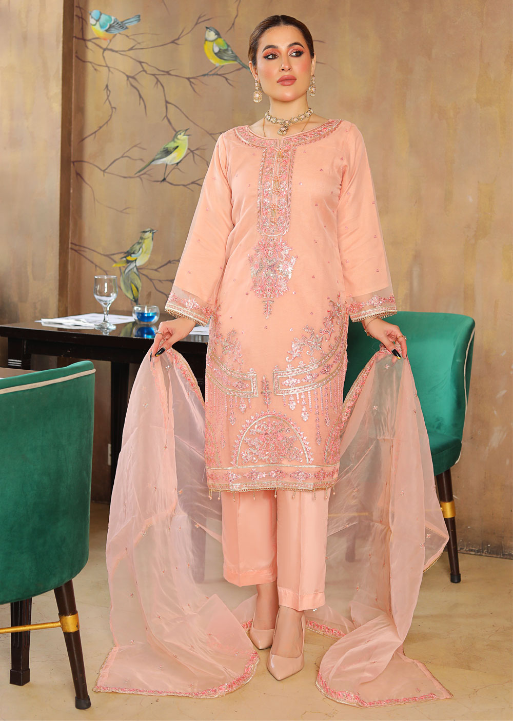 KLD323 Maya - Pink Readymade Organza Suit - Memsaab Online