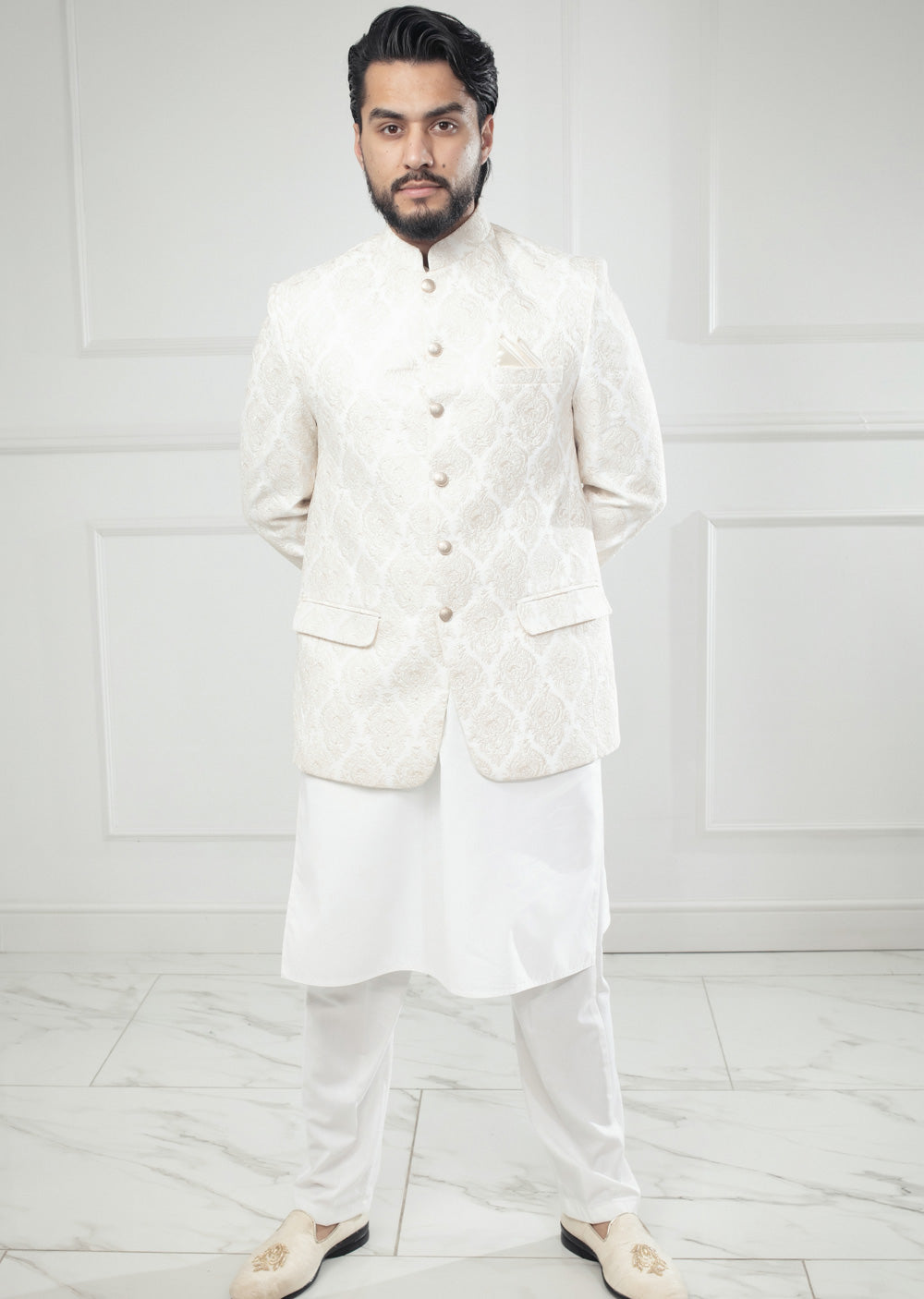 PC-710 - White Mens Embroidered Prince Coat - Memsaab Online