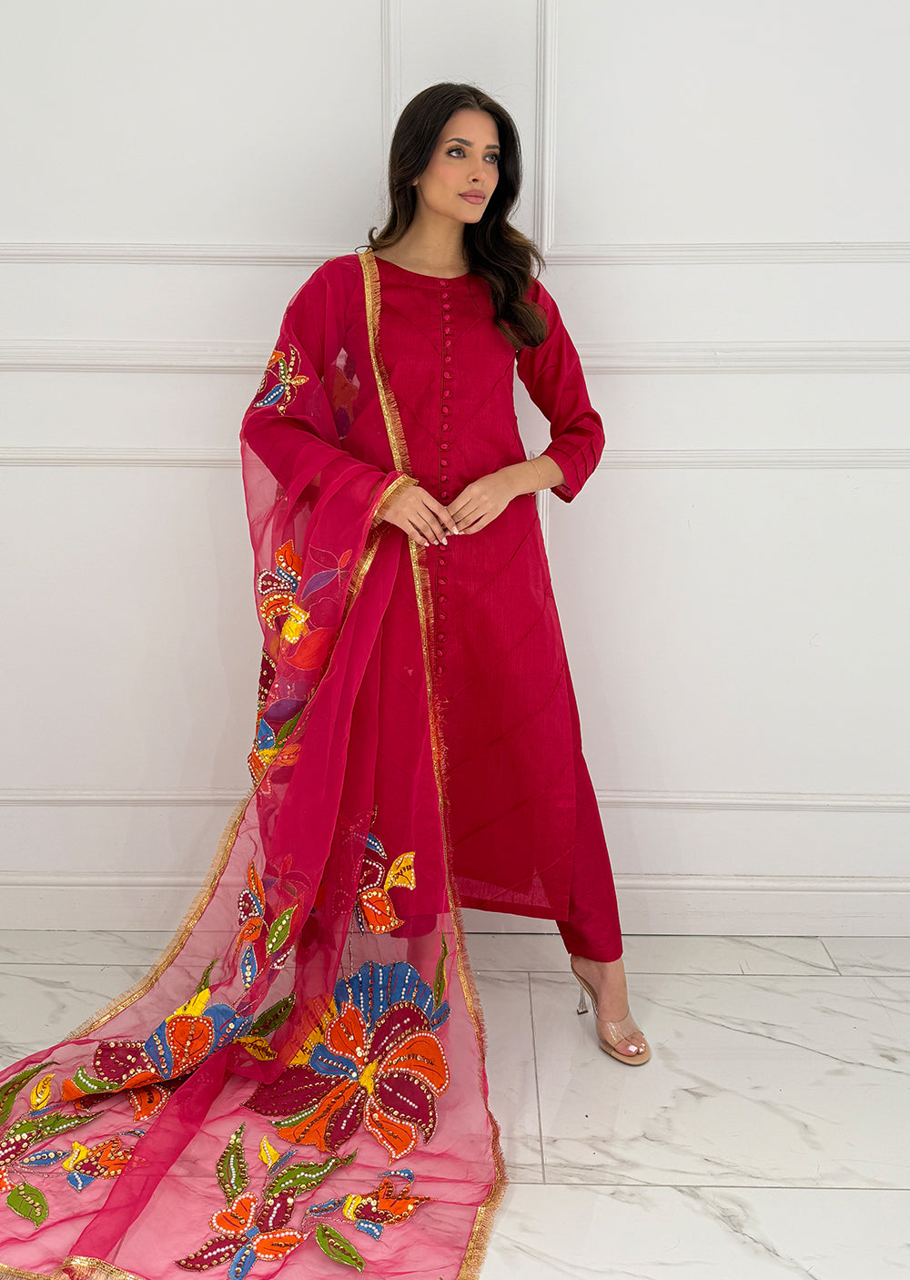 HK275 Rubru - Hot Pink Handpainted Duppatta Suit - Memsaab Online