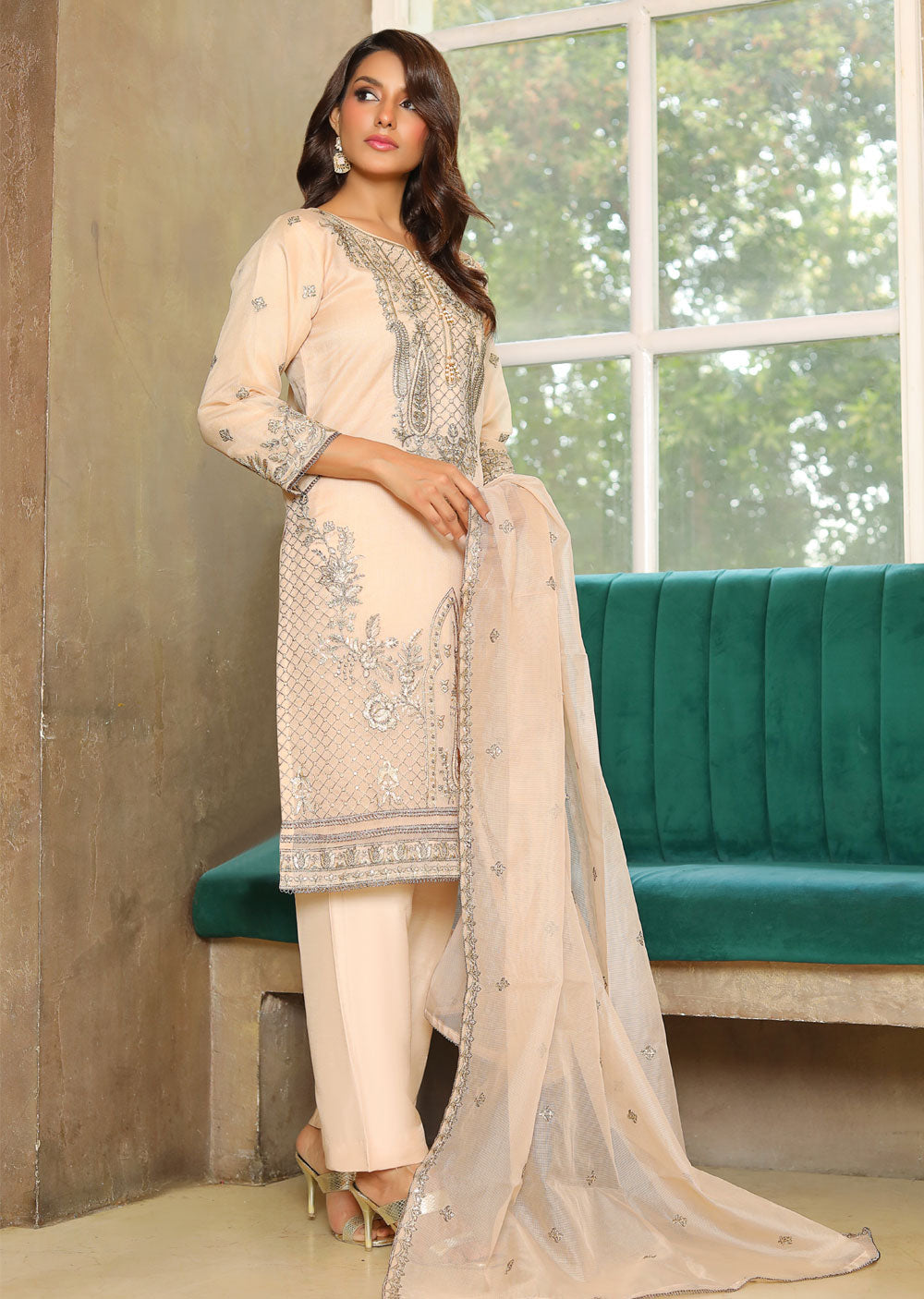 KLD324 Myra - Beige Readymade Cotton net suit - Memsaab Online