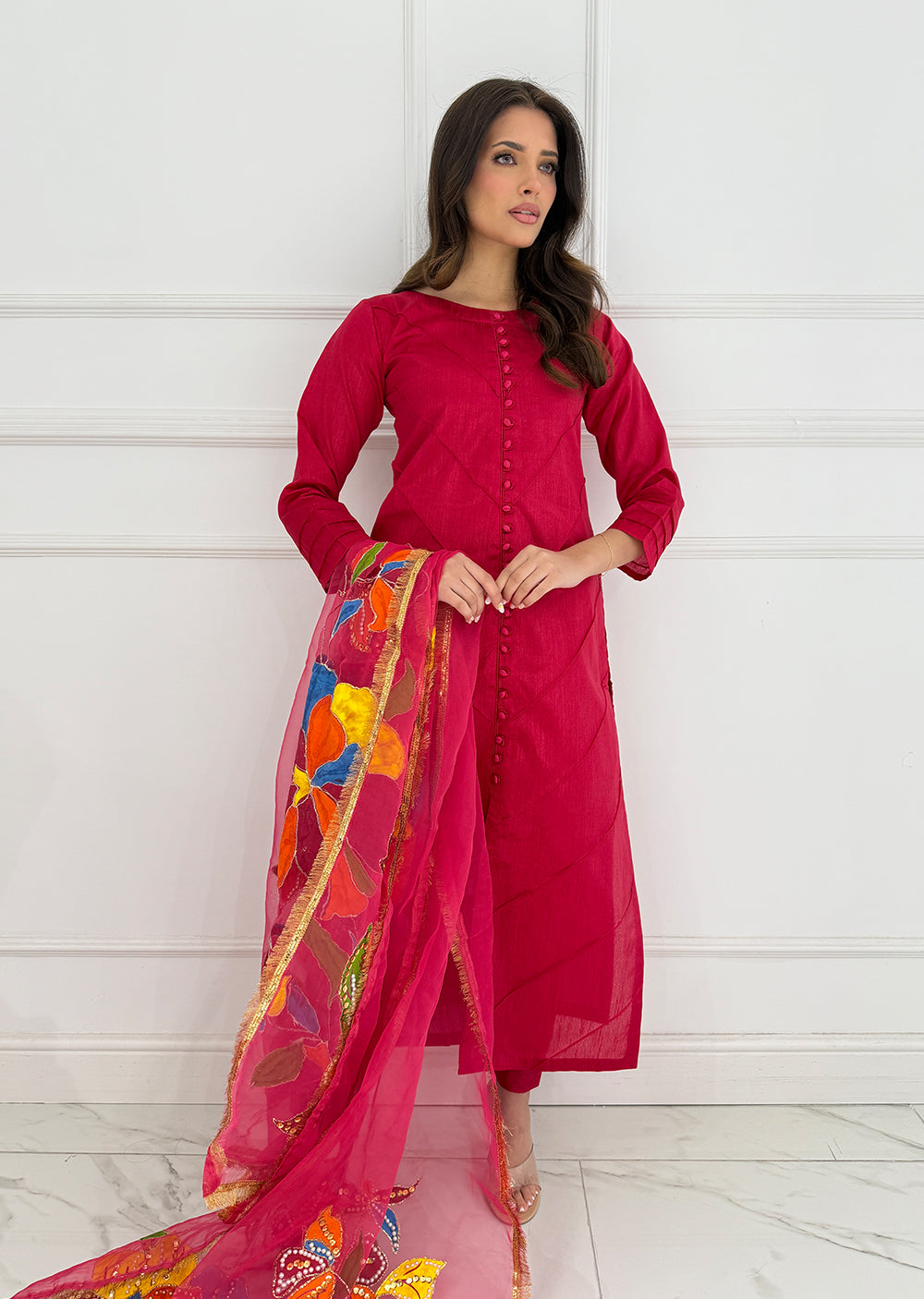 HK275 Rubru - Hot Pink Handpainted Duppatta Suit - Memsaab Online