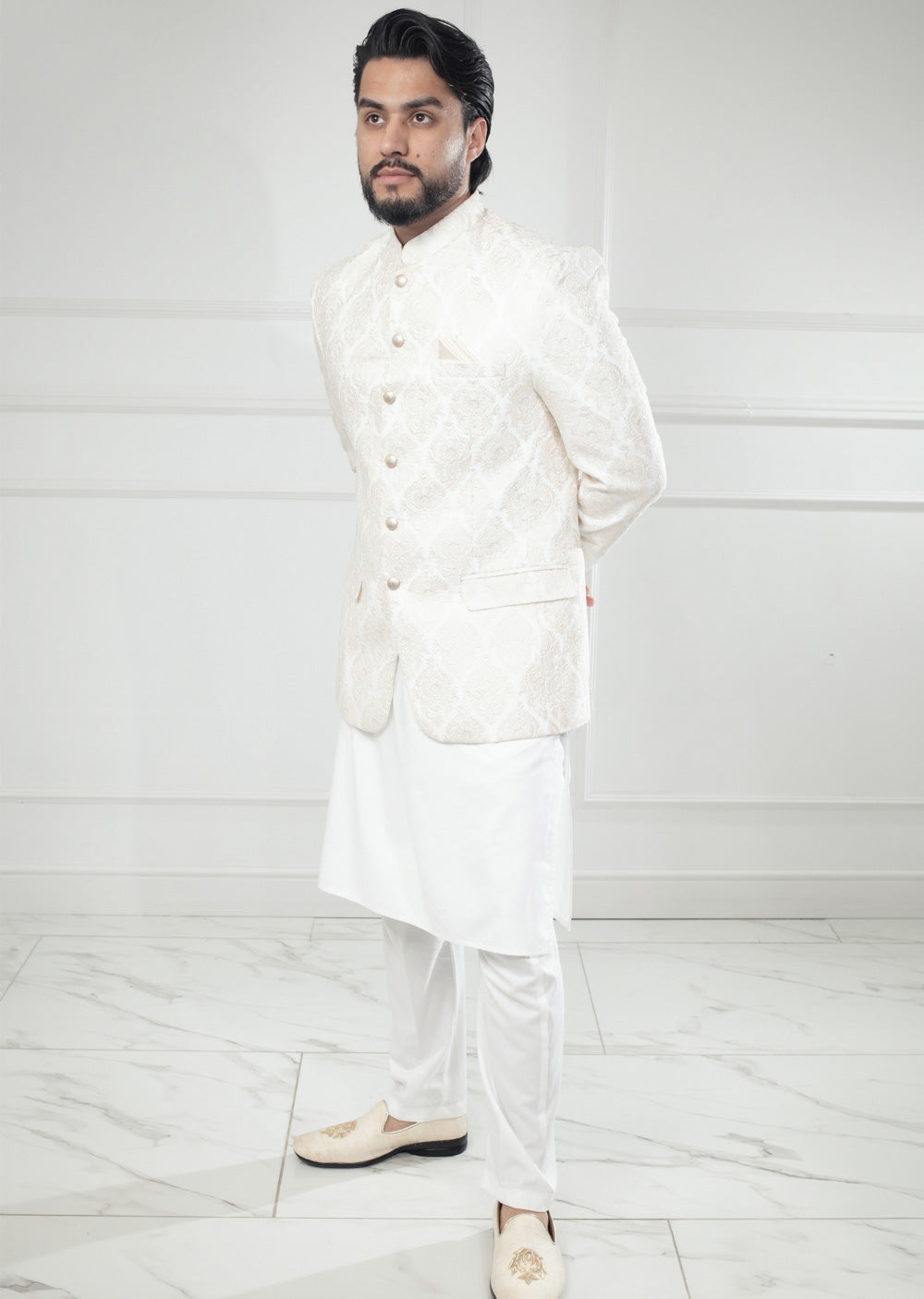 PC-710 - White Mens Embroidered Prince Coat - Memsaab Online