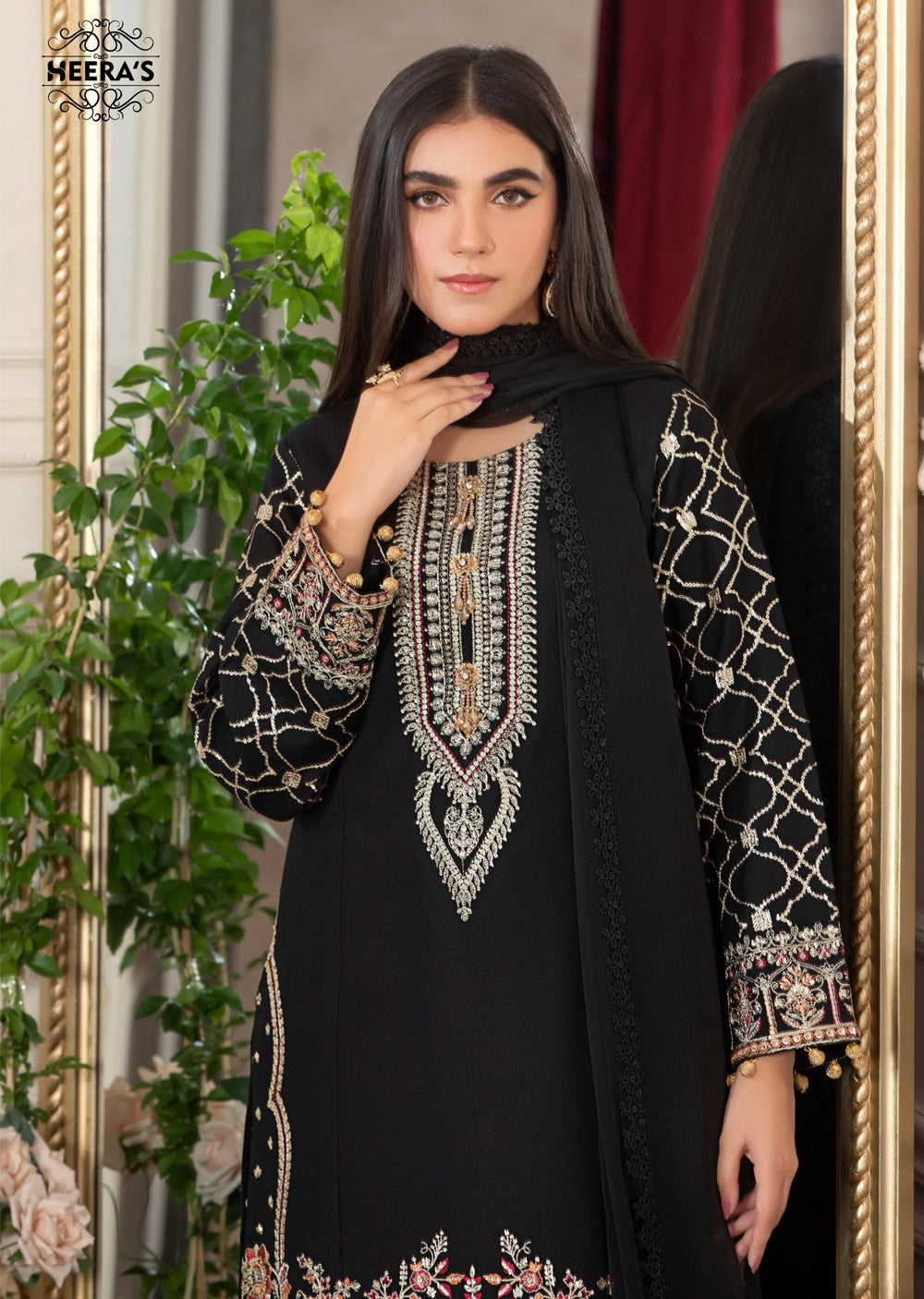 HSS-172 - Readymade - Black Majestic Embroidery suit by Heeras - Memsaab Online