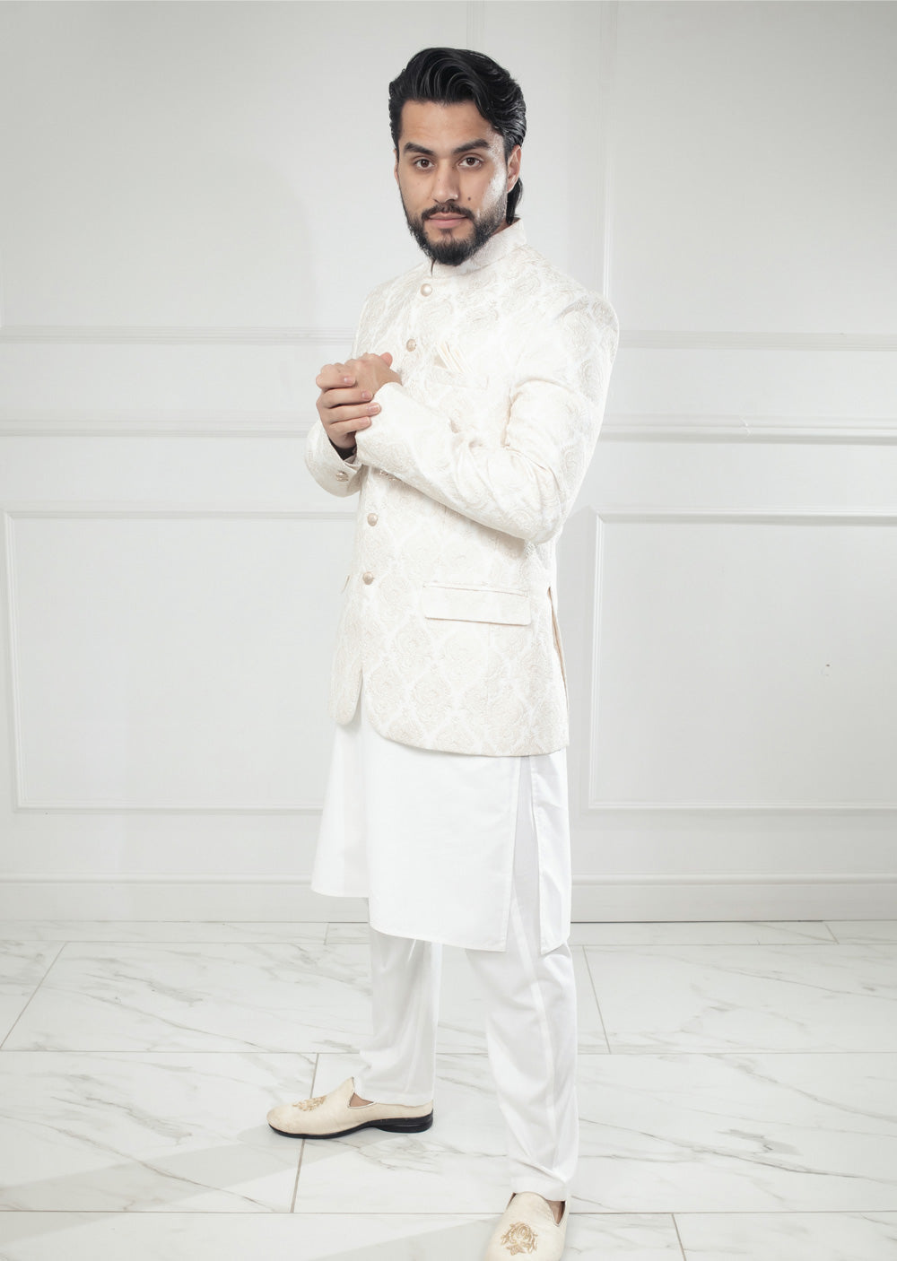 PC-710 - White Mens Embroidered Prince Coat - Memsaab Online