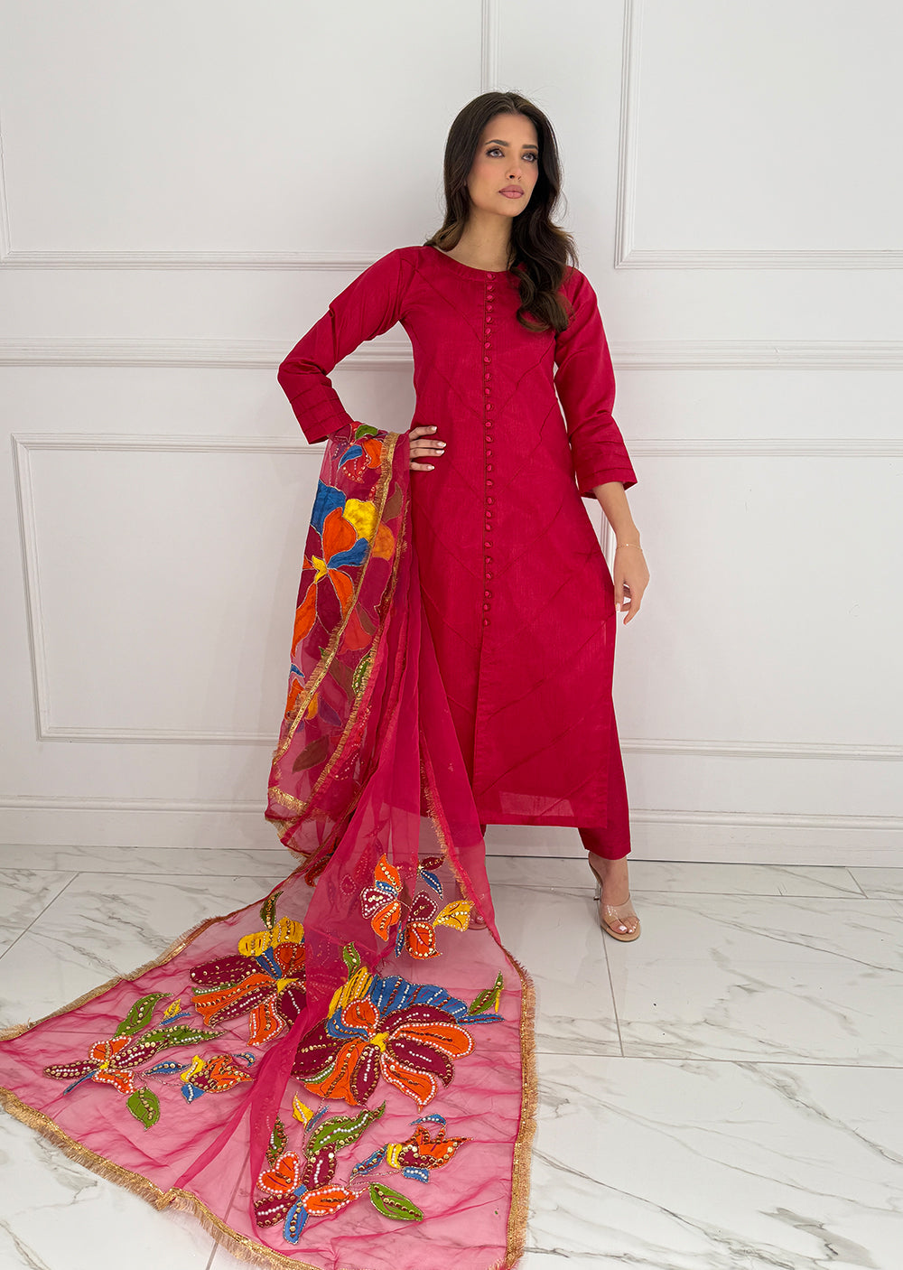 HK275 Rubru - Hot Pink Handpainted Duppatta Suit - Memsaab Online