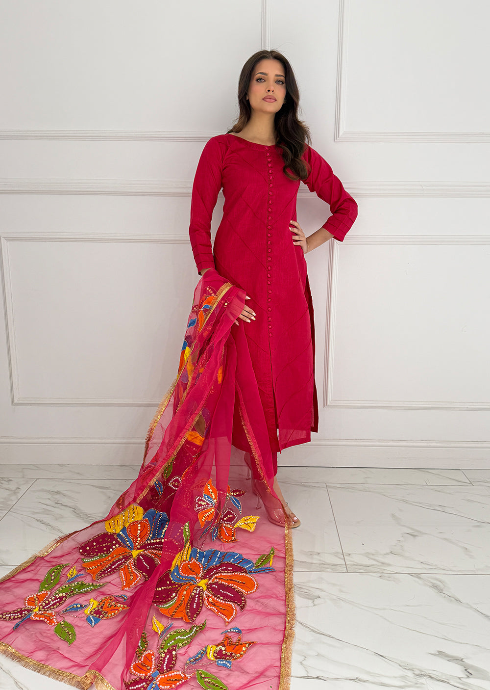 HK275 Rubru - Hot Pink Handpainted Duppatta Suit - Memsaab Online