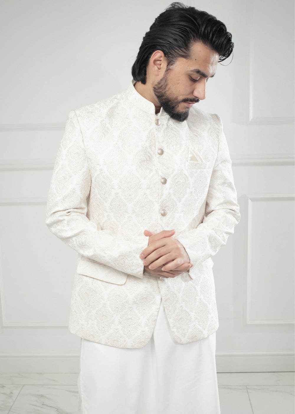 PC-710 - White Mens Embroidered Prince Coat - Memsaab Online