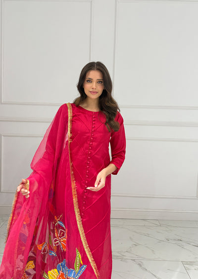 HK275 Rubru - Hot Pink Handpainted Duppatta Suit - Memsaab Online