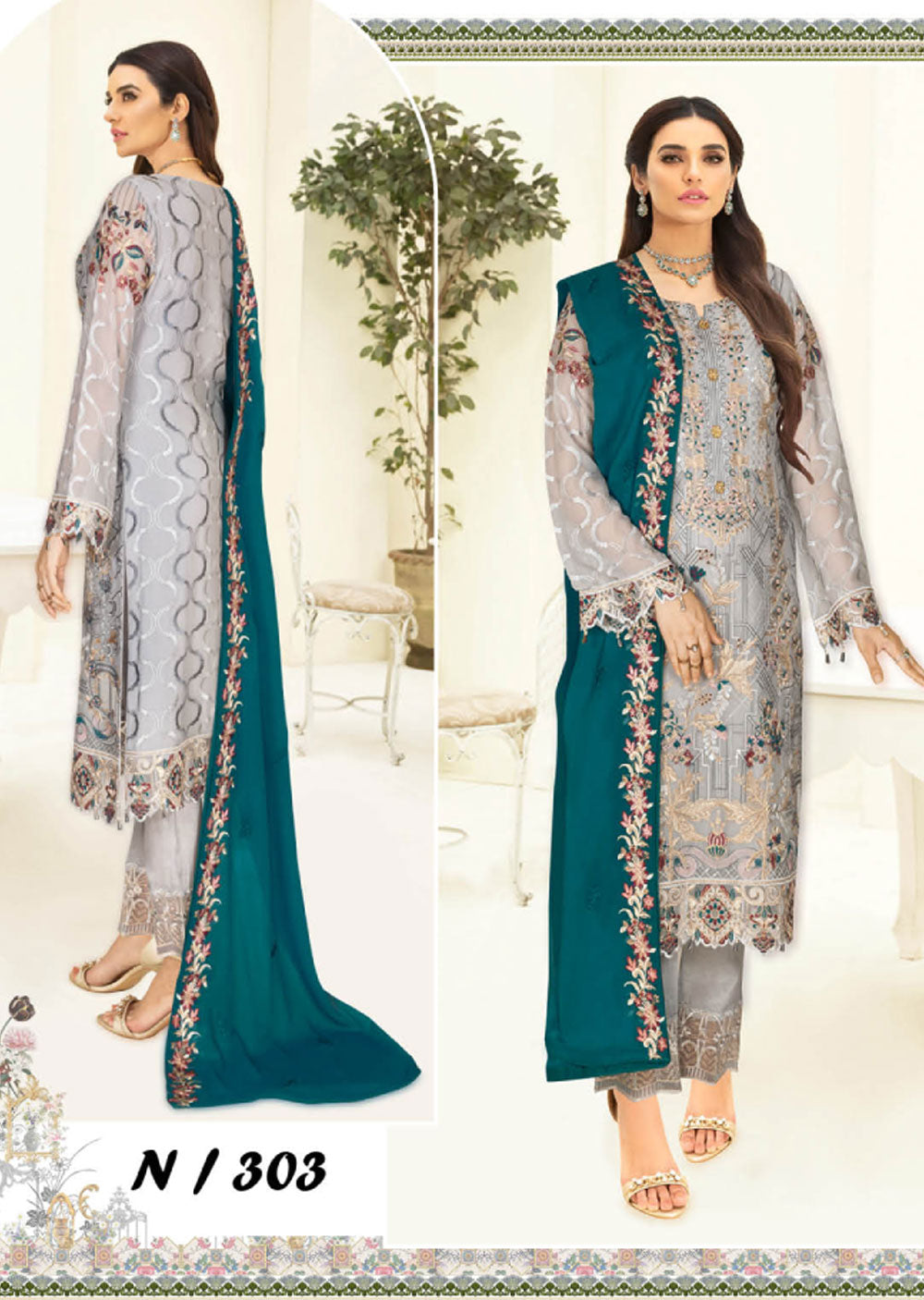 N-1303 - Unstitched - Nayab Weightless Chiffon Collection by Ramsha Vol 03 2023 - Memsaab Online