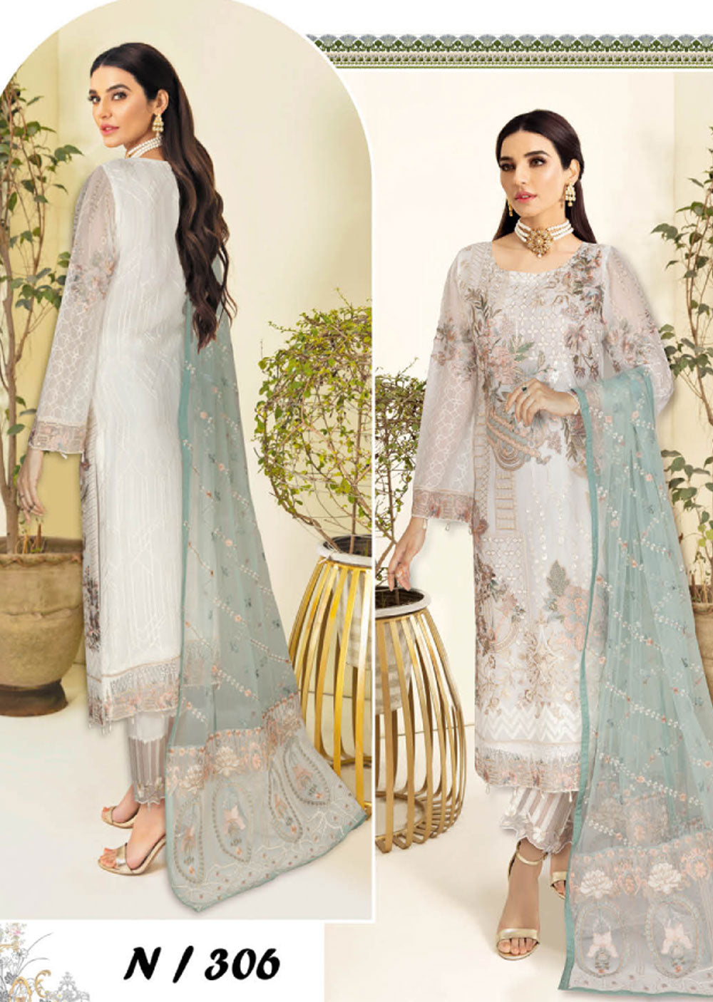 N-1306 - Unstitched - Nayab Weightless Chiffon Collection by Ramsha Vol 03 2023 - Memsaab Online