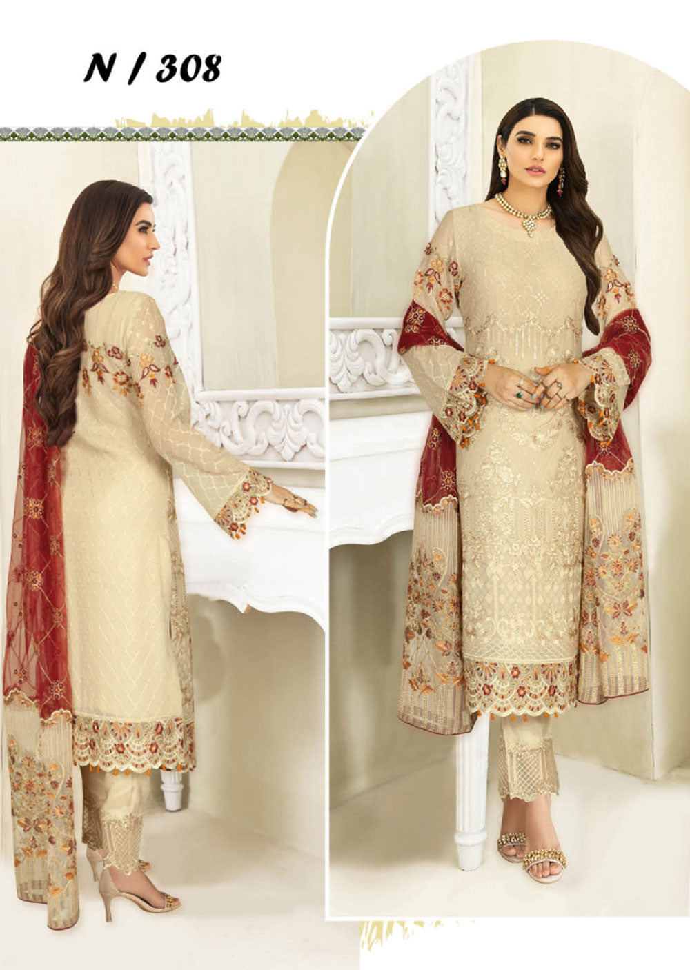 N-1308 - Unstitched - Nayab Weightless Chiffon Collection by Ramsha Vol 03 2023 - Memsaab Online